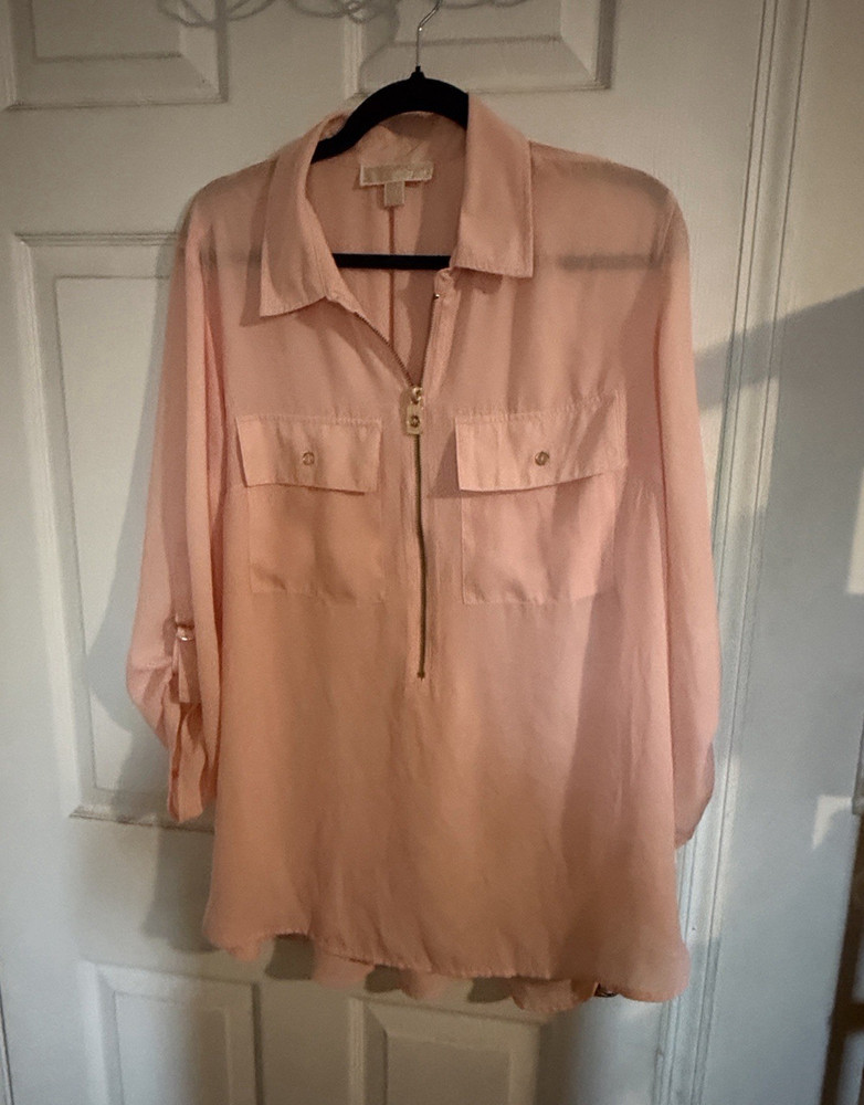 Michael Kors Women’s Pink Solid Collared Half-Zip Sheer Chiffon Blouse XL