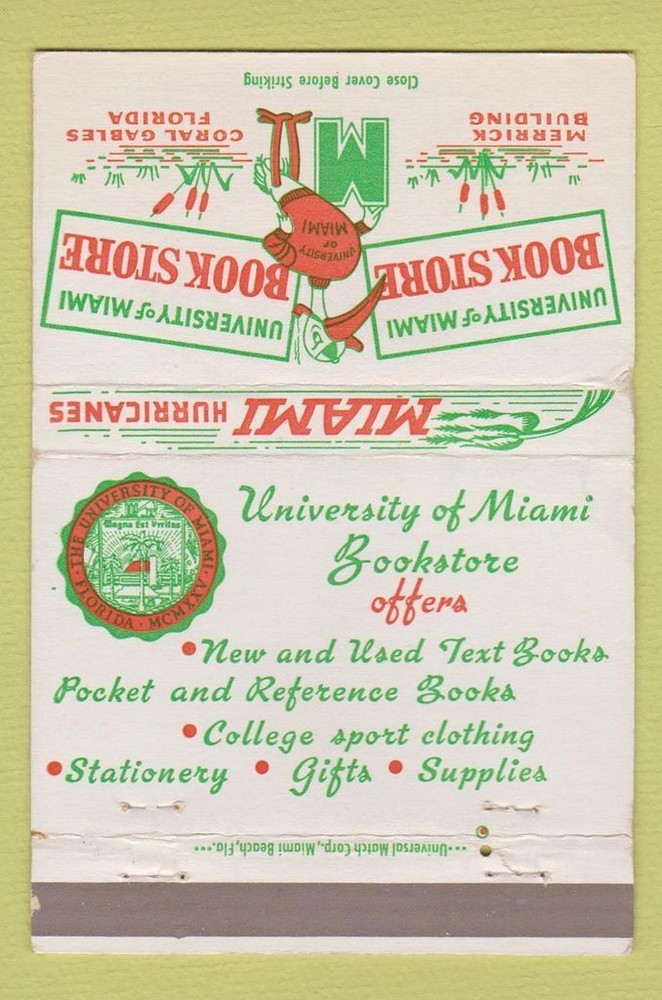 Matchbook Cover - University of Miami FL Hurricanes Coral Gables WEAR 40 Strike