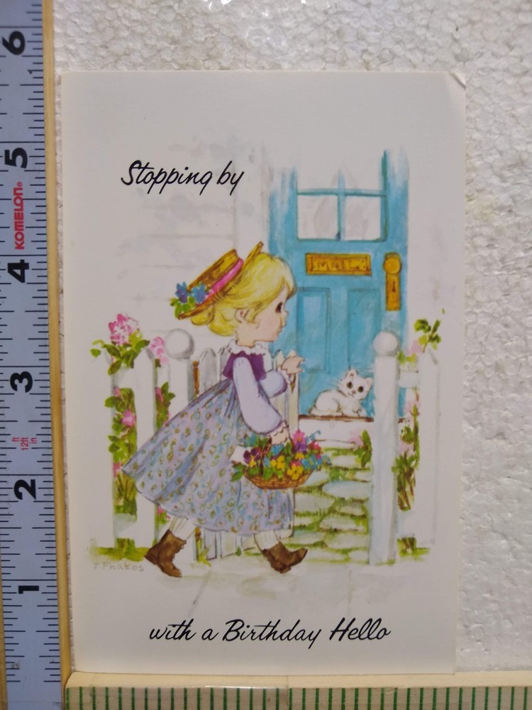 Postcard Little Girl with Flowers Art Print Birthday Greeting Card