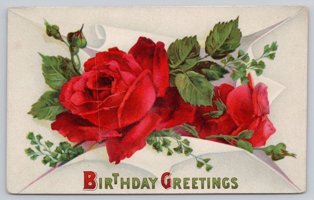 Happy Birthday Greetings, Beautiful Romantic Red Roses, Vintage Postcard