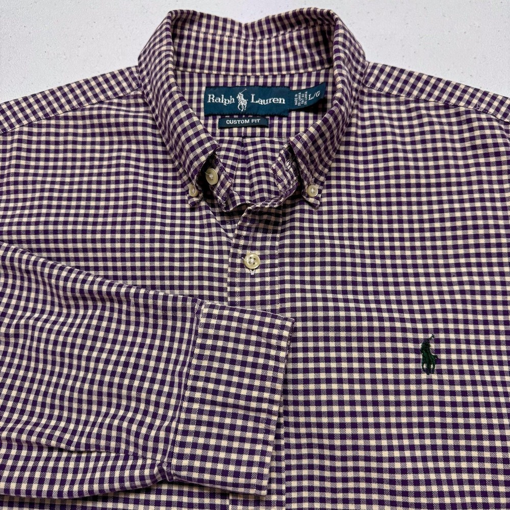 Ralph Lauren Shirt Mens Large Purple Gingham Button Down Custom Fit Long Sleeve