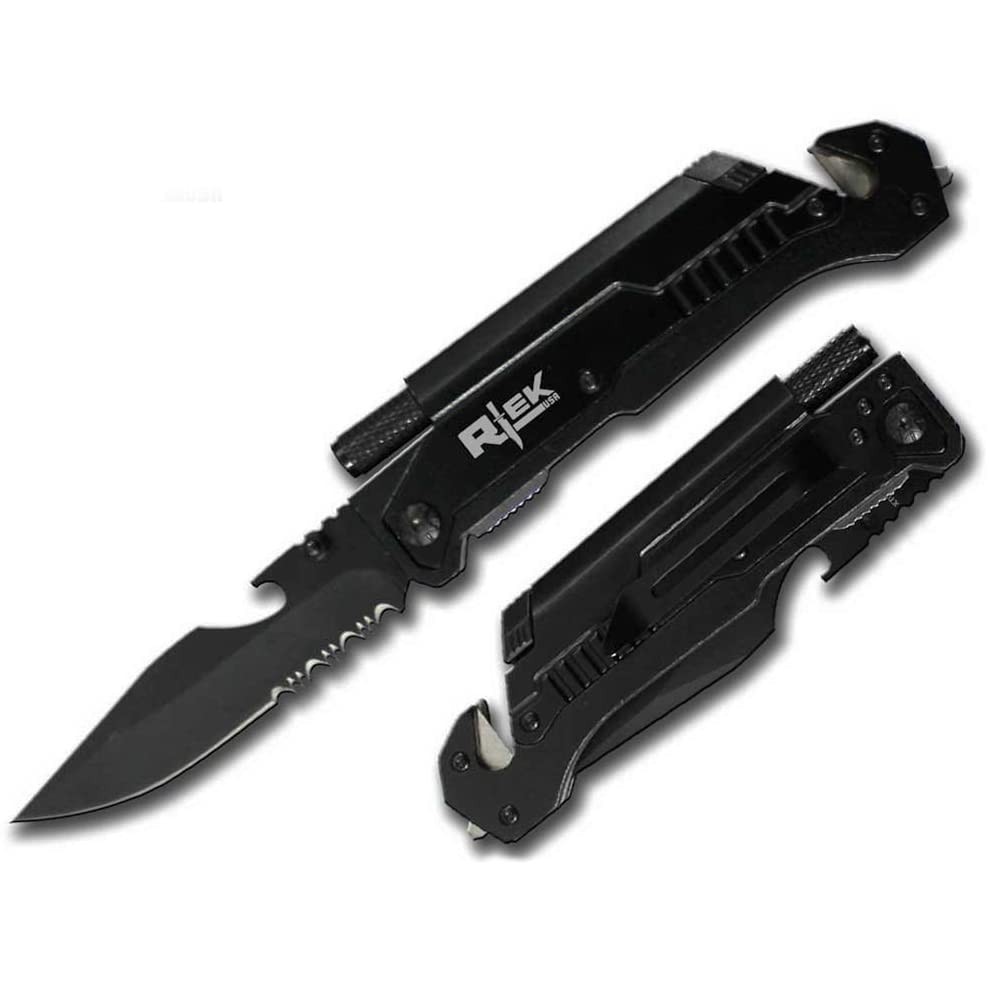 9-Inch Black Tactical Spring-Assisted 7-in-1 Survival Knife with LED Light