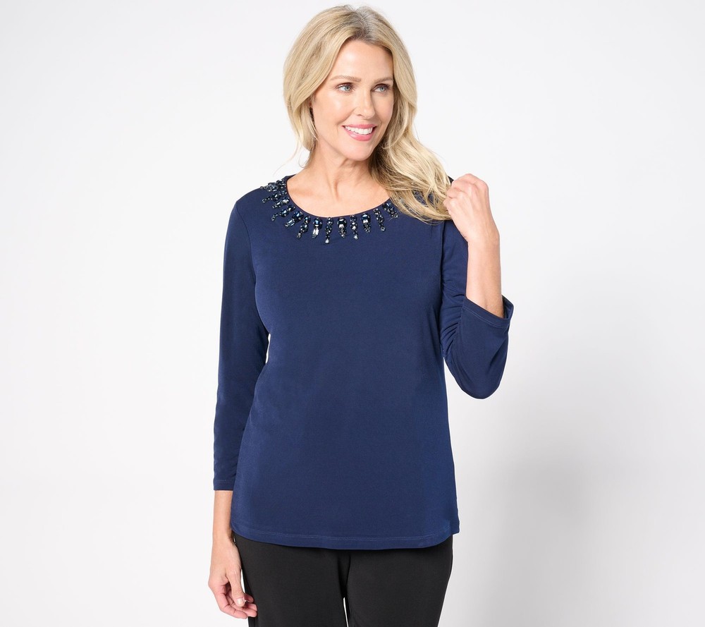 Susan Graver Women's Top Sz S Artisan Bell-Sleeve w/ Embellishment Blue A667477