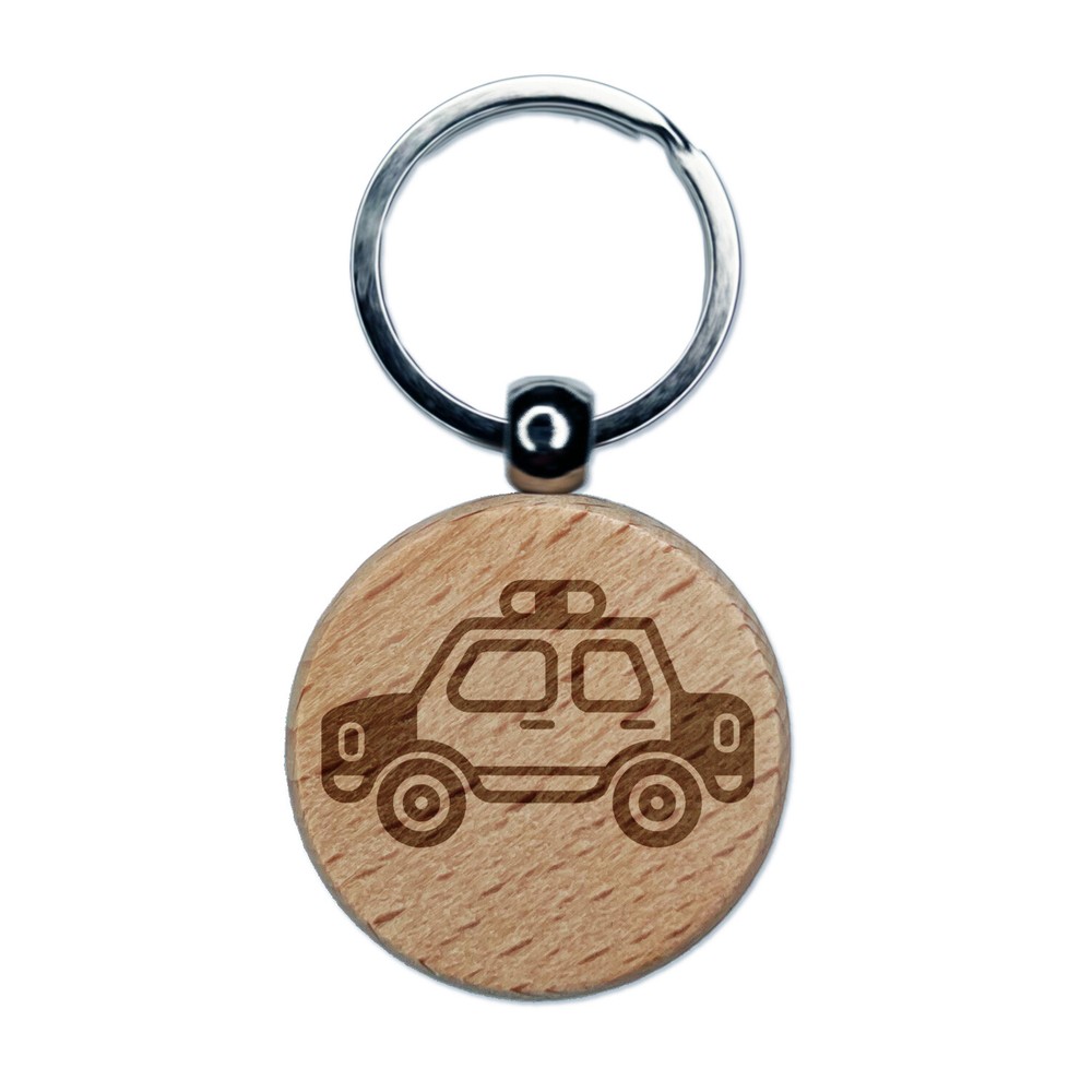Police Cop Car Vehicle Automobile Engraved Wood Round Keychain Tag Charm