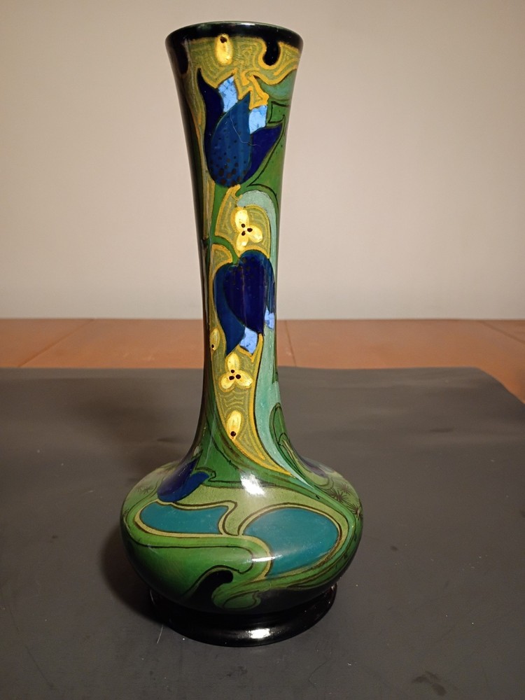 Antique Gouda Holland Vase Art Nueveau Dark Greens & Blues Signed & Numbered