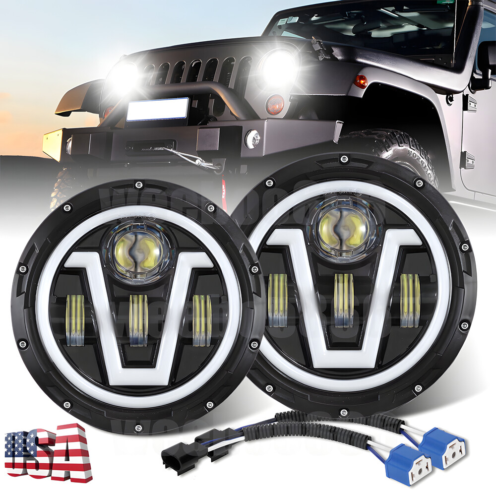 Pair DOT 7'' LED Headlights H4 Halo Angel Eyes for Jeep Wrangler CJ JK TJ LJ