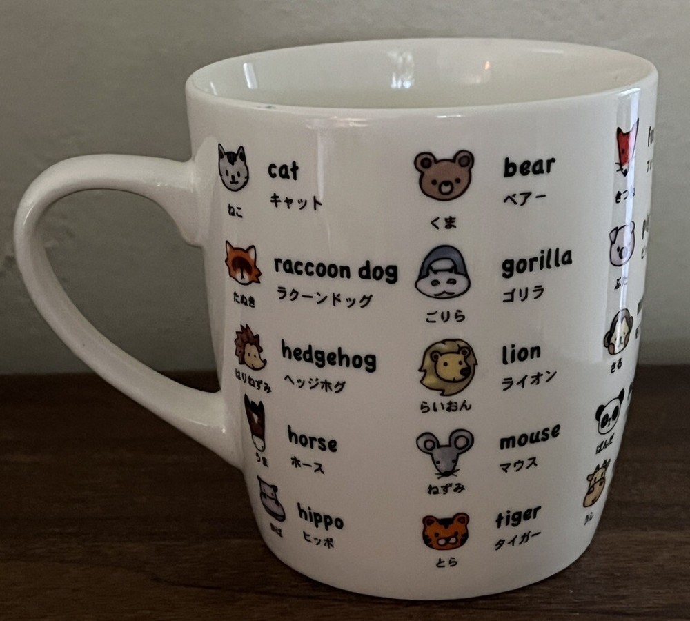 Japanese Kawaii Animal Ceramic Coffee Mug with Katakana Design Preowned
