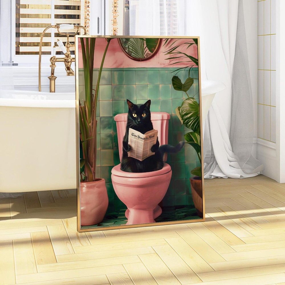 Bathroom Cat Print Reading On Toilet Bathroom Wall Art Funny Bathroom Decor