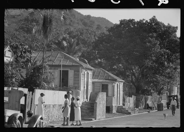 Photo:Caribbean Street Scene 1930s Women Houses Dog Automobile