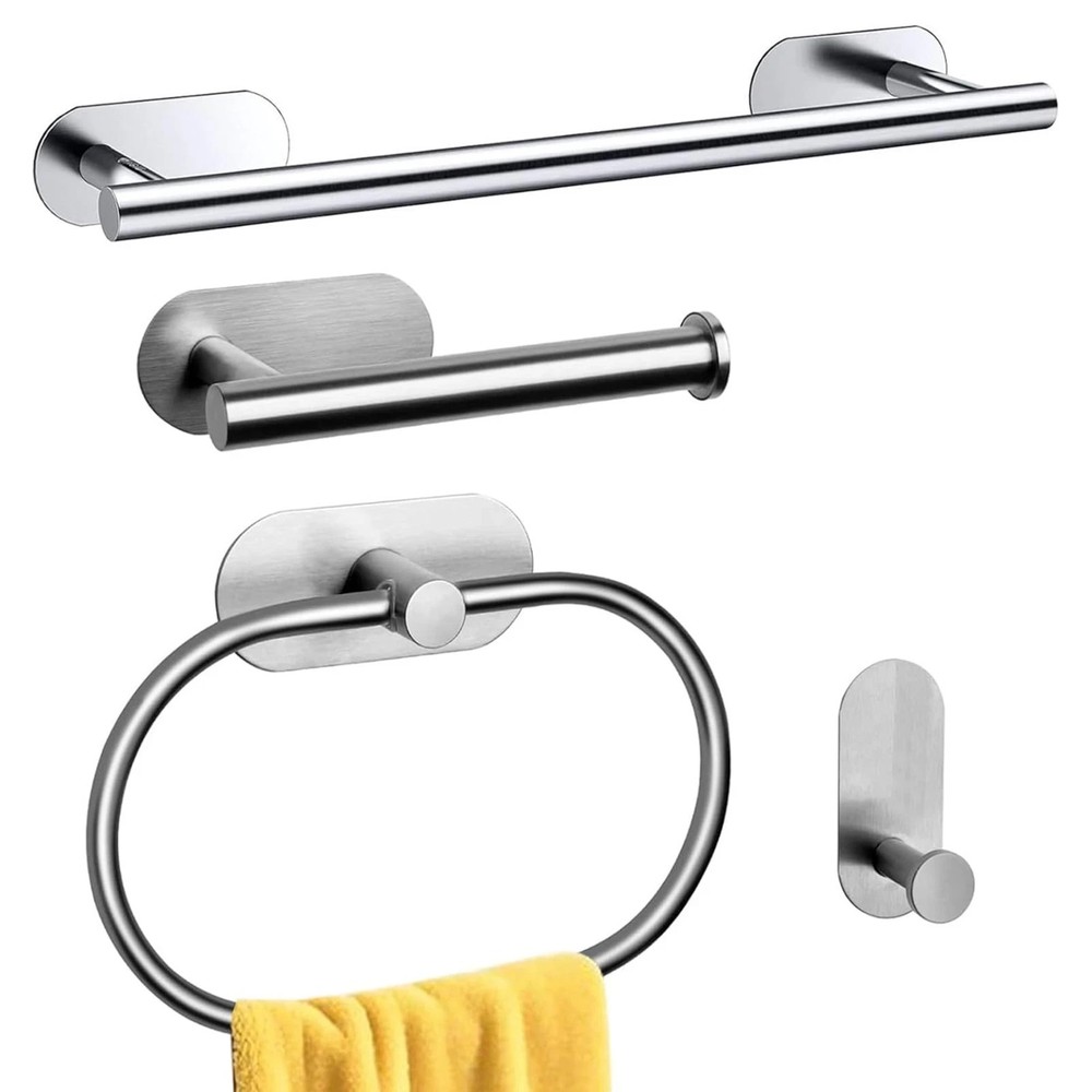 4 Pcs Bathroom Hardware Set Stainless Steel Towel Bar Towel Racks Adhesive Hooks