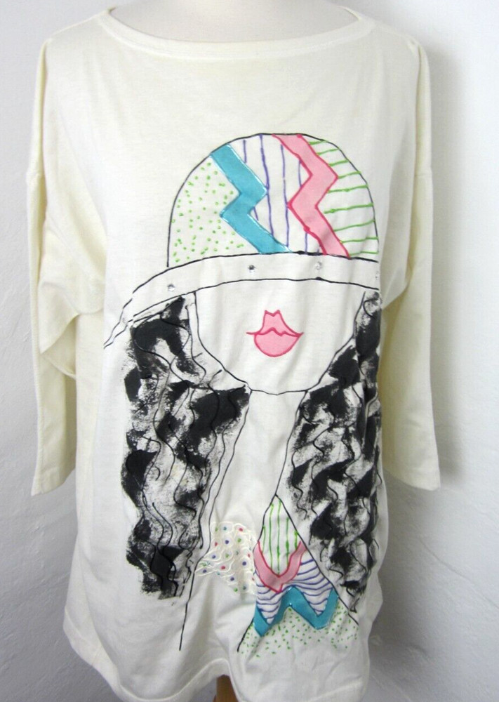 Lady Face Graphic Abstract Art T Shirt Top L XL Pastel Geometric USA Vintage 90s-image