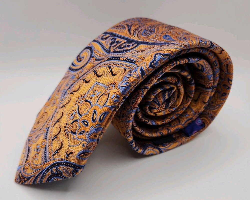 Ted Baker London Men's Silk Tie Orange Blue Paisley Medallion Geometric Luxury