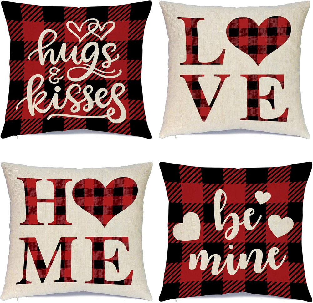 Valentines Day 18x18 Buffalo Plaid Pillow Covers Set of 4 Farmhouse Decor