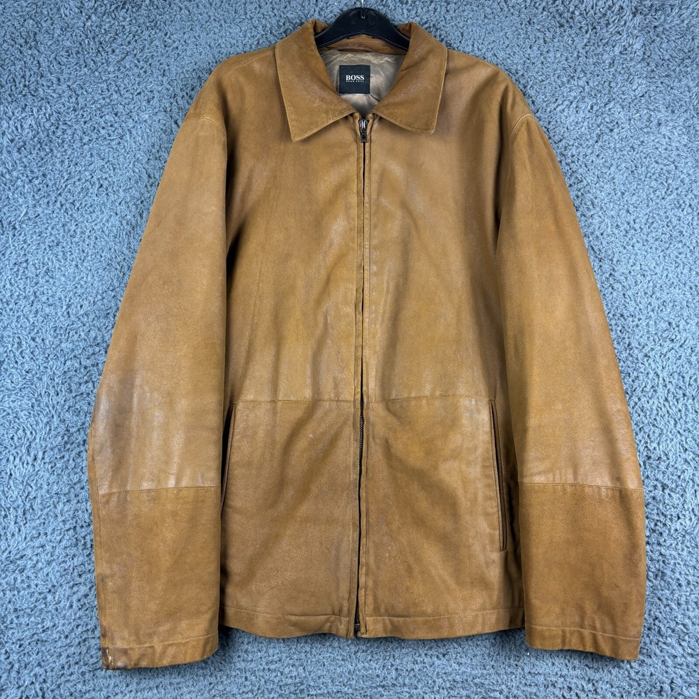 Hugo Boss Leather Jacket Mens Large 42 Mustard Goatskin Heavy LOWIS Made Italy