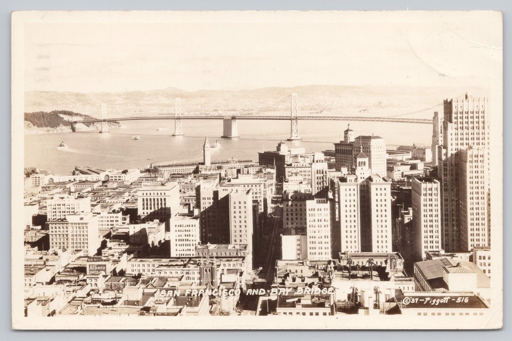 San Francisco California, City Skyline Bay Bridge, VTG RPPC Real Photo Postcard