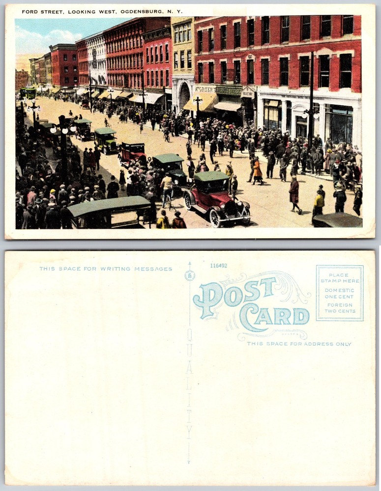 Ford Street Looking West Crowds Cars Ogdensburg NY Postcard