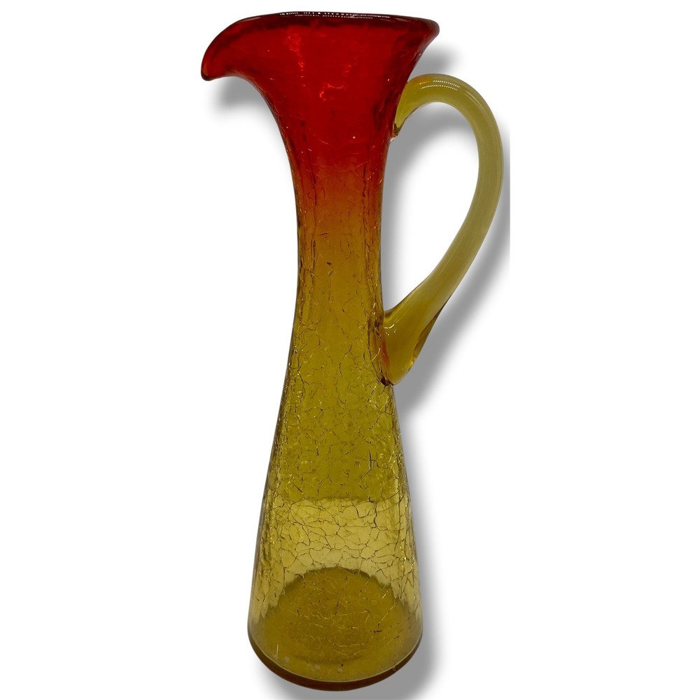 Vintage Amber Red Ombre Crackle Glass Pitcher Mid Century Modern Art Glass 8