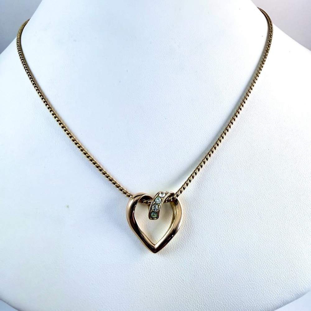 Vintage KREMENTZ Signed Rhinestone Gold Tone Heart Pendant Necklace 18