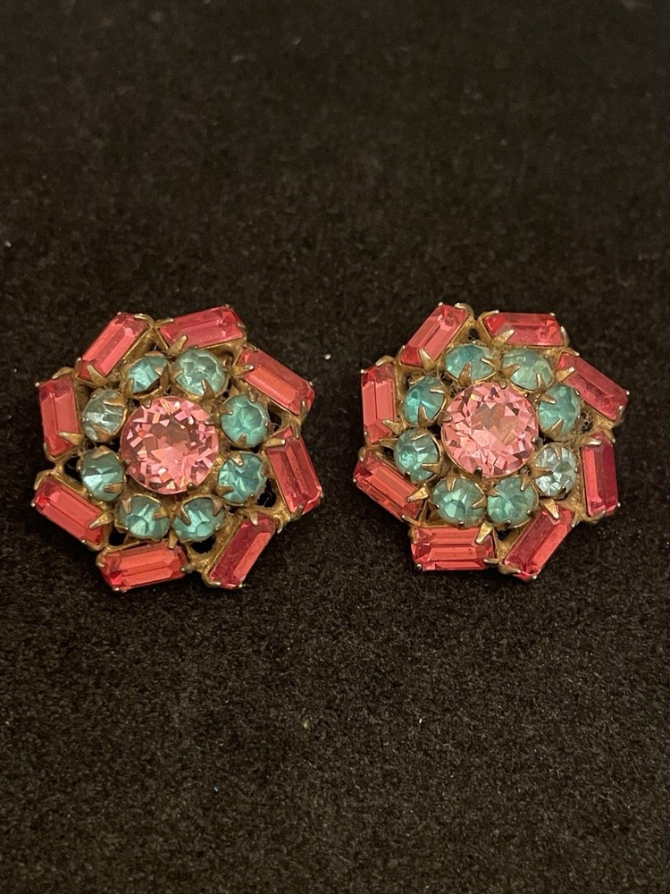 Vintage Pink & Blue Clip On Earrings Prong set Glass Stones