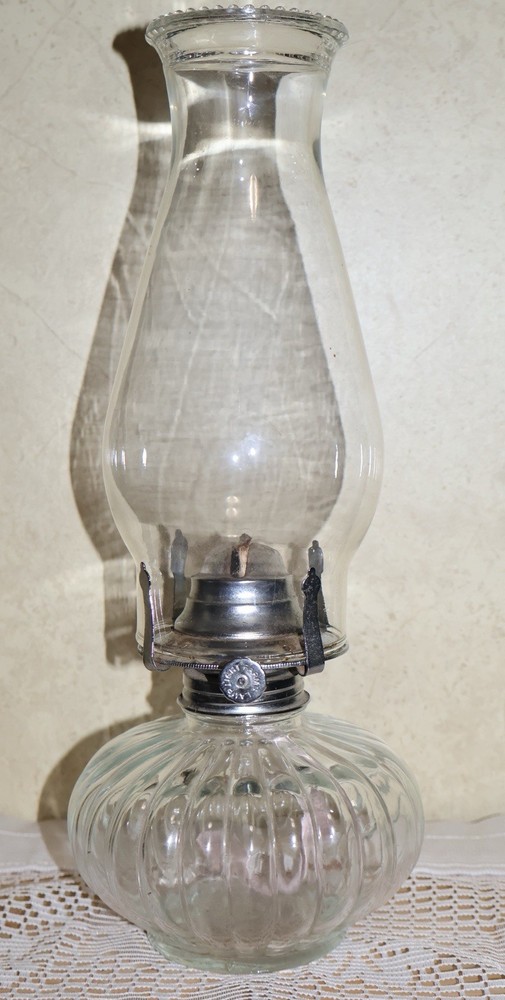Vintage Clear Glass Oil Lamp Ribbed Kerosene Lamp w/ Original Chimney