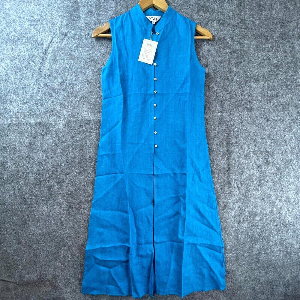 Vivid Shirt Dress XS Blue 100% Linen Button Front Lightweight Side Slits