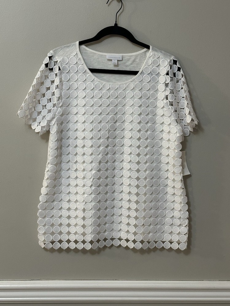 Charter Club Blouse Womens M  Short Sleeve Crochet Lined Pullover Round Neck