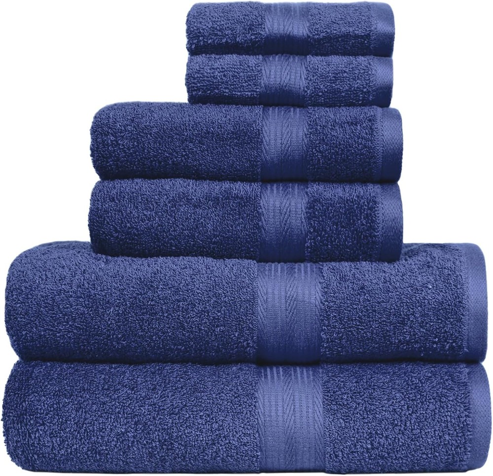 Amazon Basics 6 Piece Oversized Towel Set 100% Cotton Soft Absorbent Navy Blue
