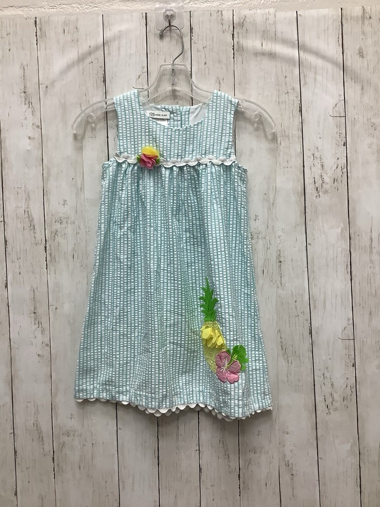 Bonnie Jean Girls Size 6X Aqua Seersucker Dress Pineapple Floral Appliqué