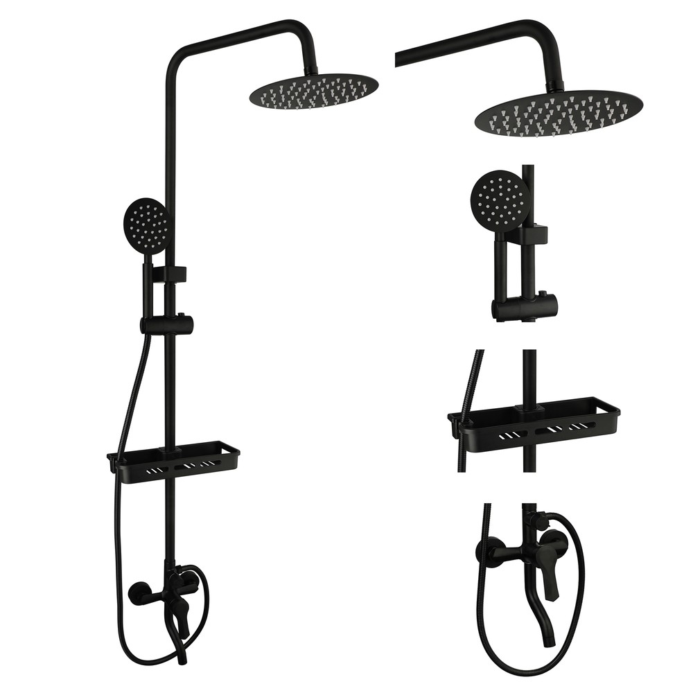 Wall Mount Black Rain Shower Faucet with Hand Spray and Shelf