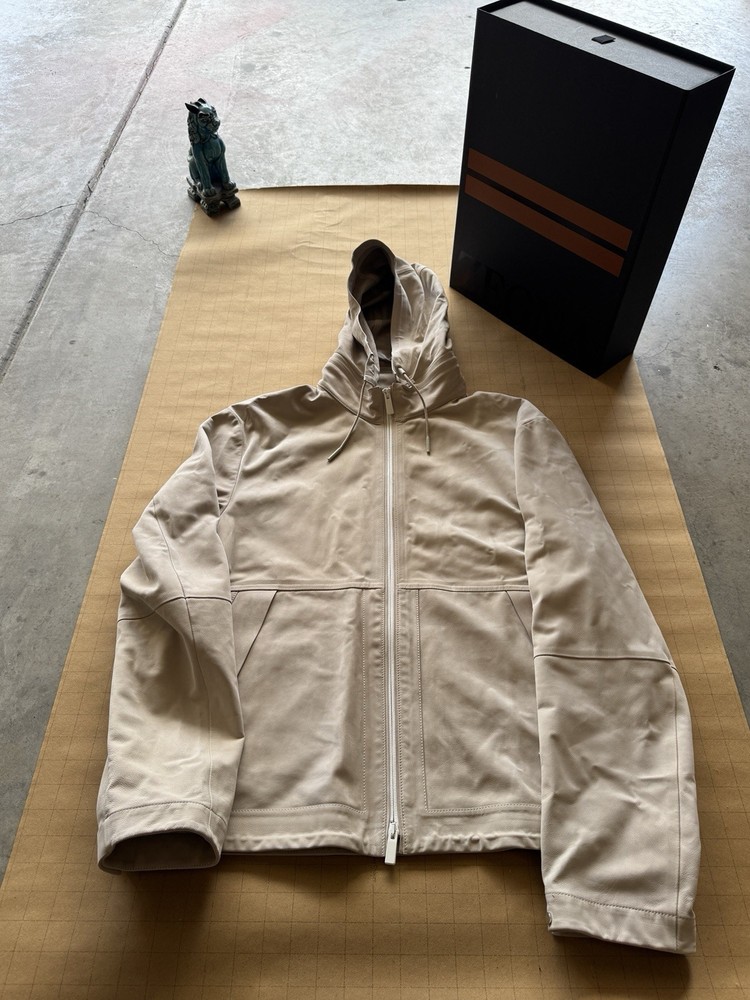 Ermenegildo Zegna Beige Hooded Zip Jacket Logo Accent Stand-Up Collar Men Short