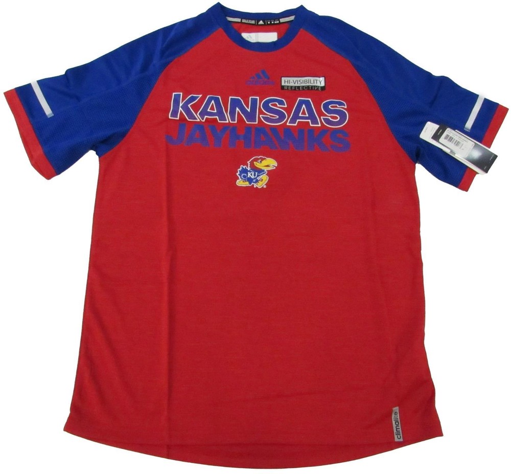 New Kansas Jayhawks Mens Sizes M-L-2XL Red Blue Adidas Climalite Shirt