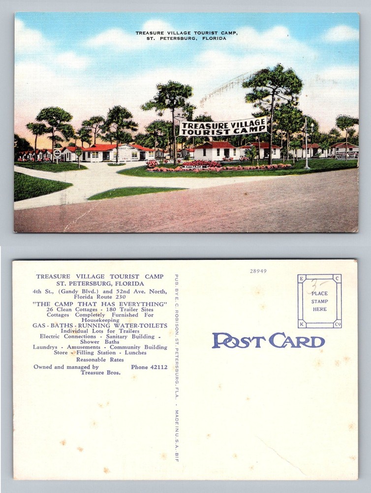 St Petersburg FL, Treasure Village Tourist Camp Entrance Vintage Postcard