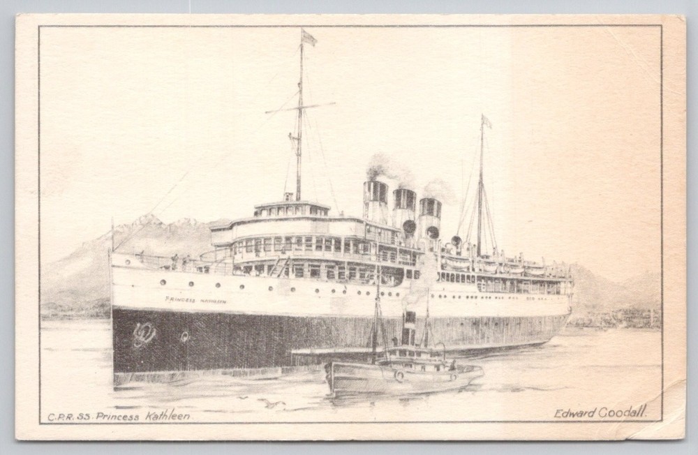 CPR SS Princess Kathleen Edward Goodall Pencil Drawing Postcard Vancouver BC