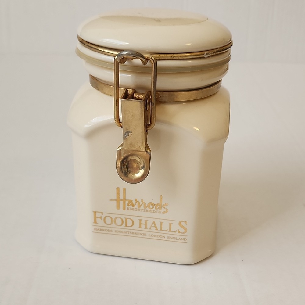Harrods Ceramic Clamp Lid Canister Jar Cream Gold Square Food Kitchen 5.5