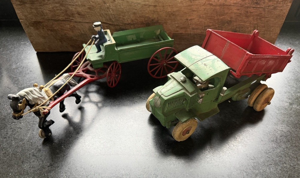 Vintage Cast Iron Toys, Dump Truck & Fenton Toys horse and cart