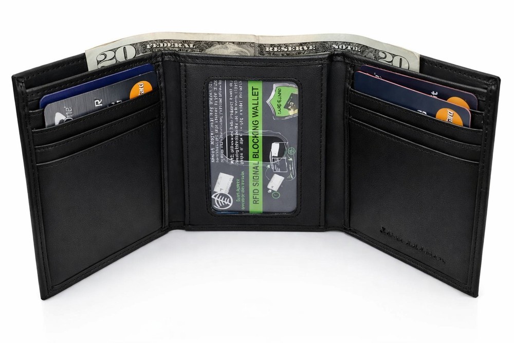 Men's Genuine Leather RFID Security Black Trifold Wallet with Inside Zipper Box