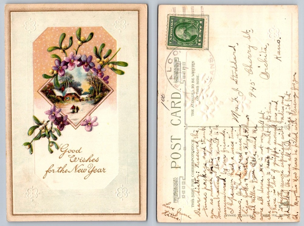 1910 Chicago IL Postcard Winter Cabin Mistletoe Good Wishes New Year Embossed