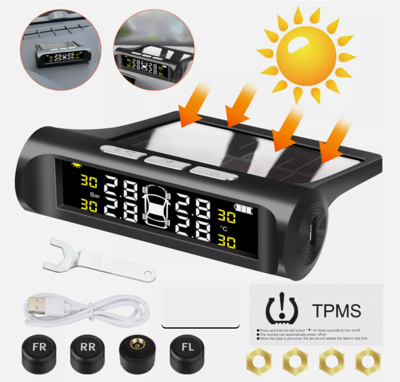 Wireless Car Solar TPMS LCD Tire Pressure Monitoring System + 4 External Sensors