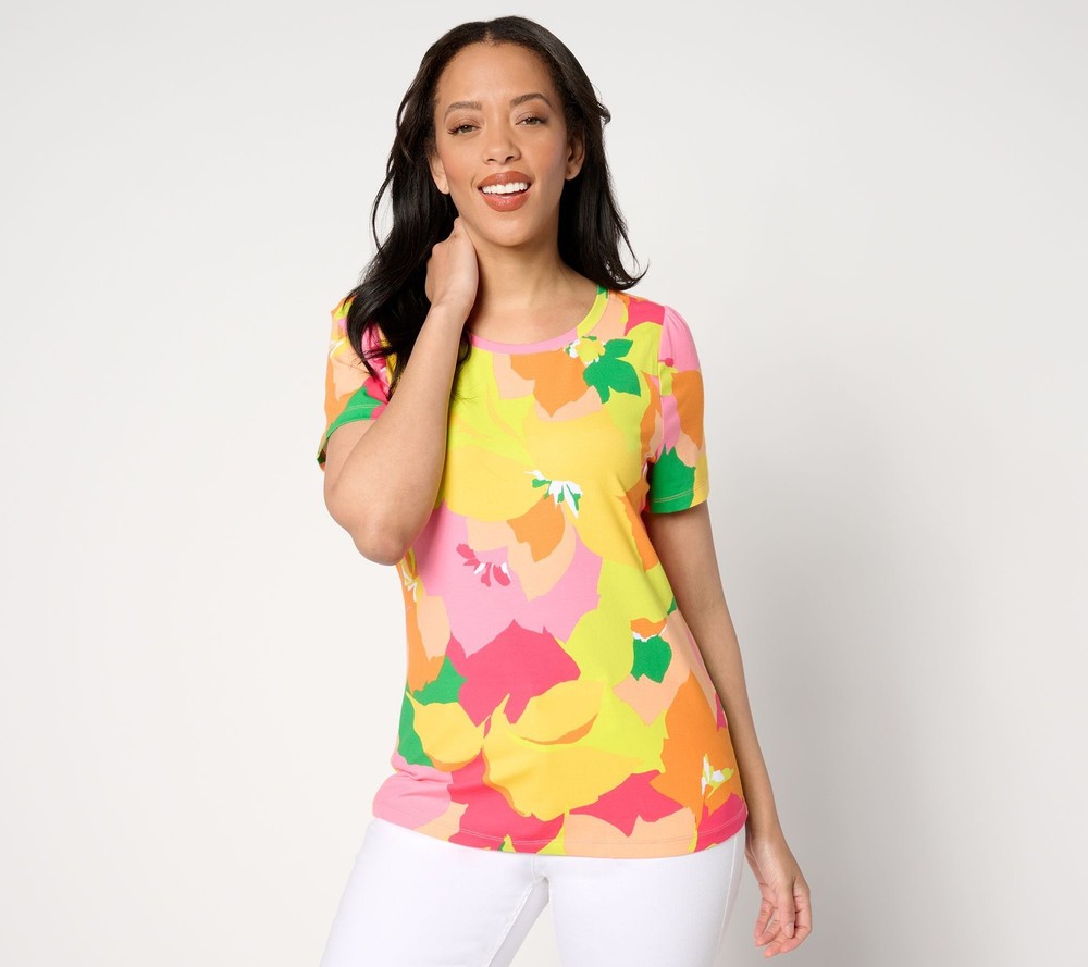 Isaac Mizrahi Live! Women's Top Sz L Floral Printed Short Sleeve Orange A647685