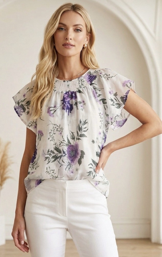 Harve Benard Womens Sheer Floral Smocked Flutter Sleeve Top Size XL Summer Chic