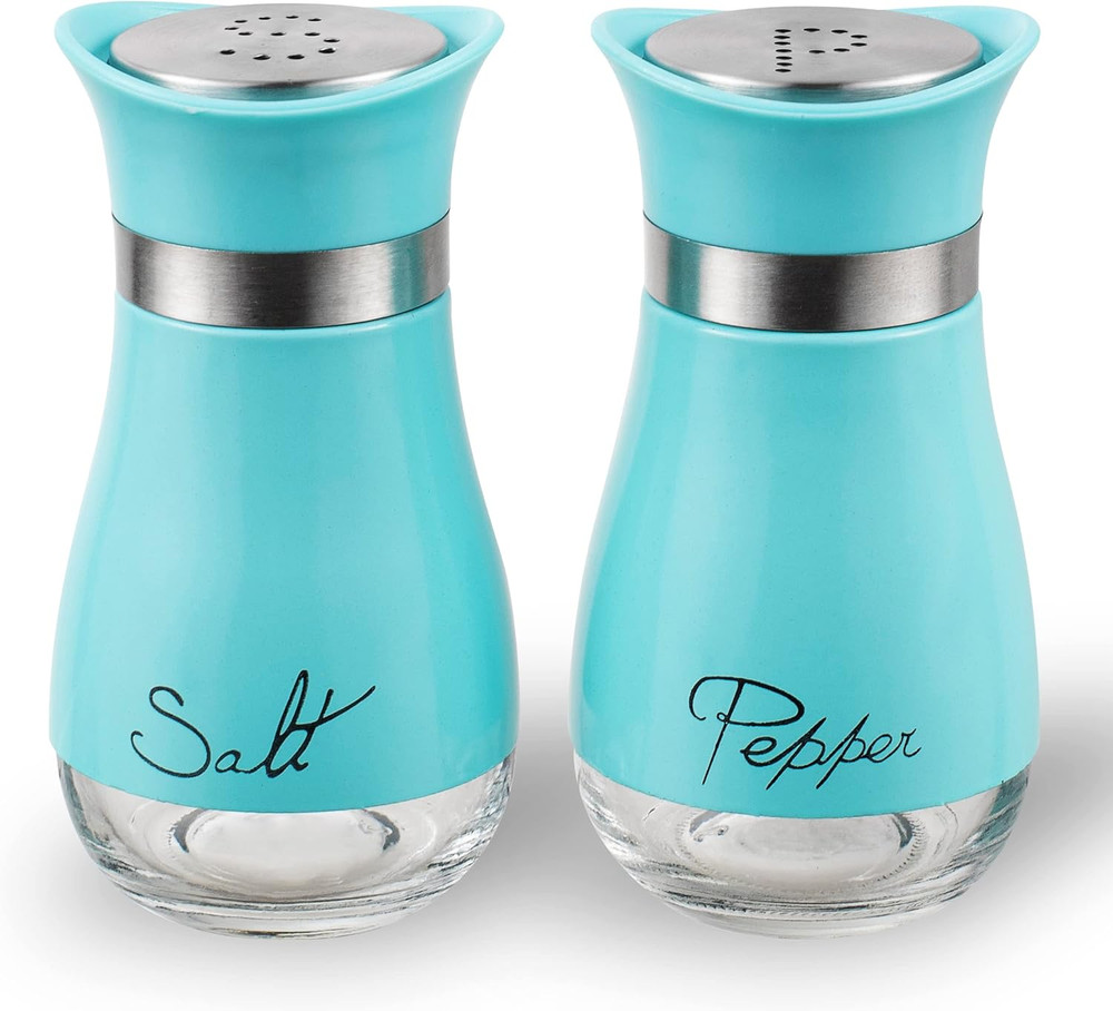 Salt and Pepper Shakers, Stainless Steel and Glass Bottle, Set of 2, Turquoise
