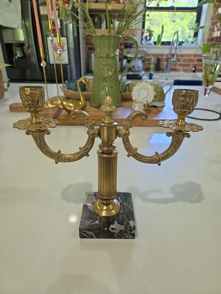 Vintage Ornate Brass / Marble Candelabra Hollywood Regency Style - Read