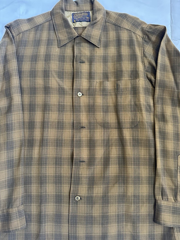 Vintage Pendleton Mens Medium Brown Plaid Wool Shirt USA Board Shirt M
