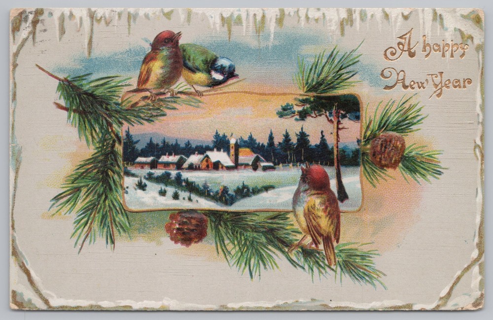 Holiday~Birds On Pine Branches & Homes Happy New Year~Vintage Postcard
