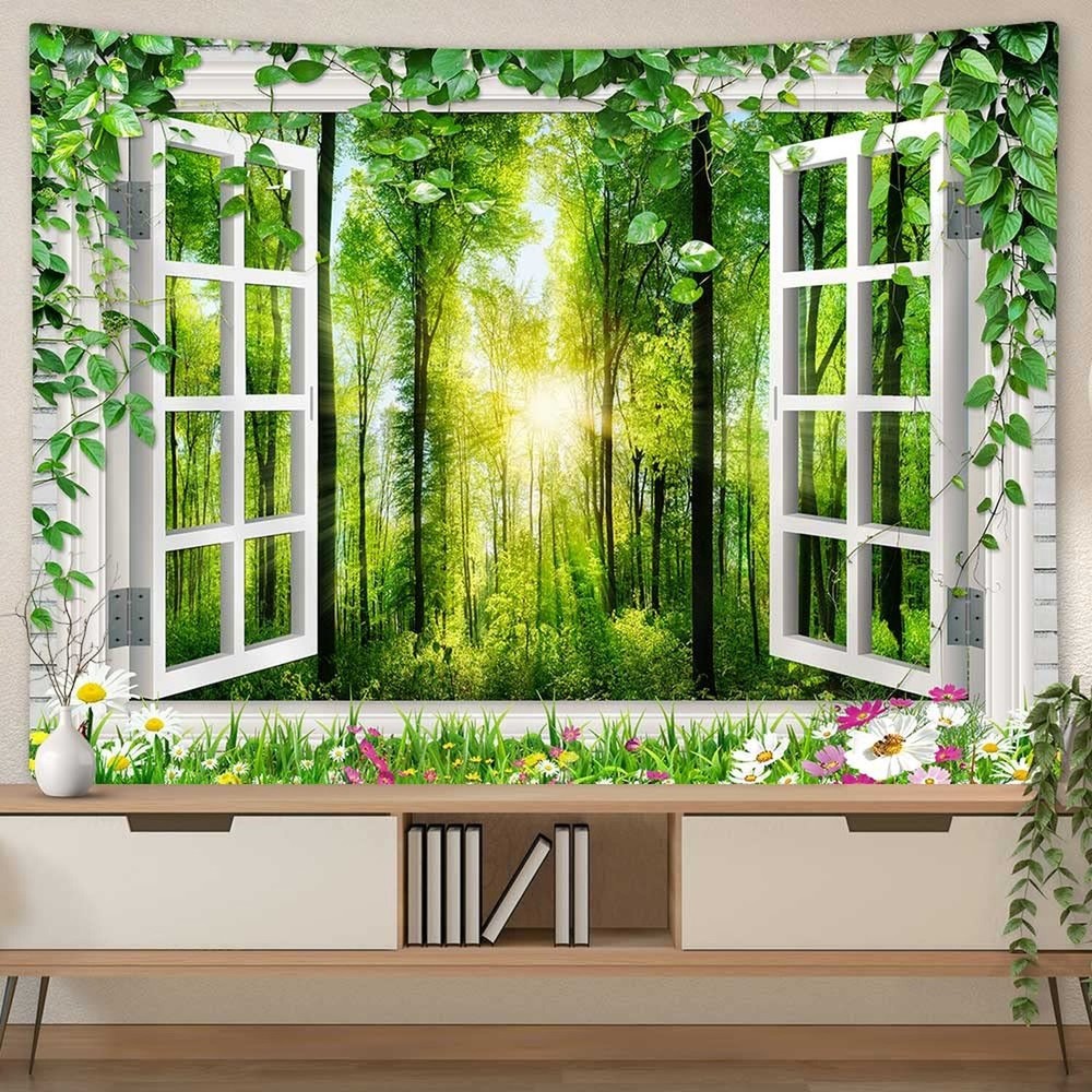 Coveimes Sunshine Forest Tapestry Wall Hanging, Nature Green Forest Trees Flo...