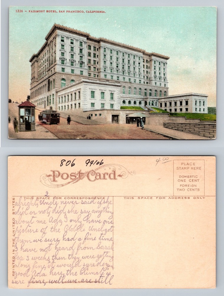 San Francisco, CA-California, Fairmont Hotel on Nob Hill Vintage Postcard