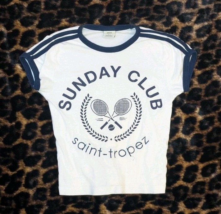 Urban Outfitters White Sunday Club Saint Tropez Fitted Tee T-shirt Crop Top Sz S