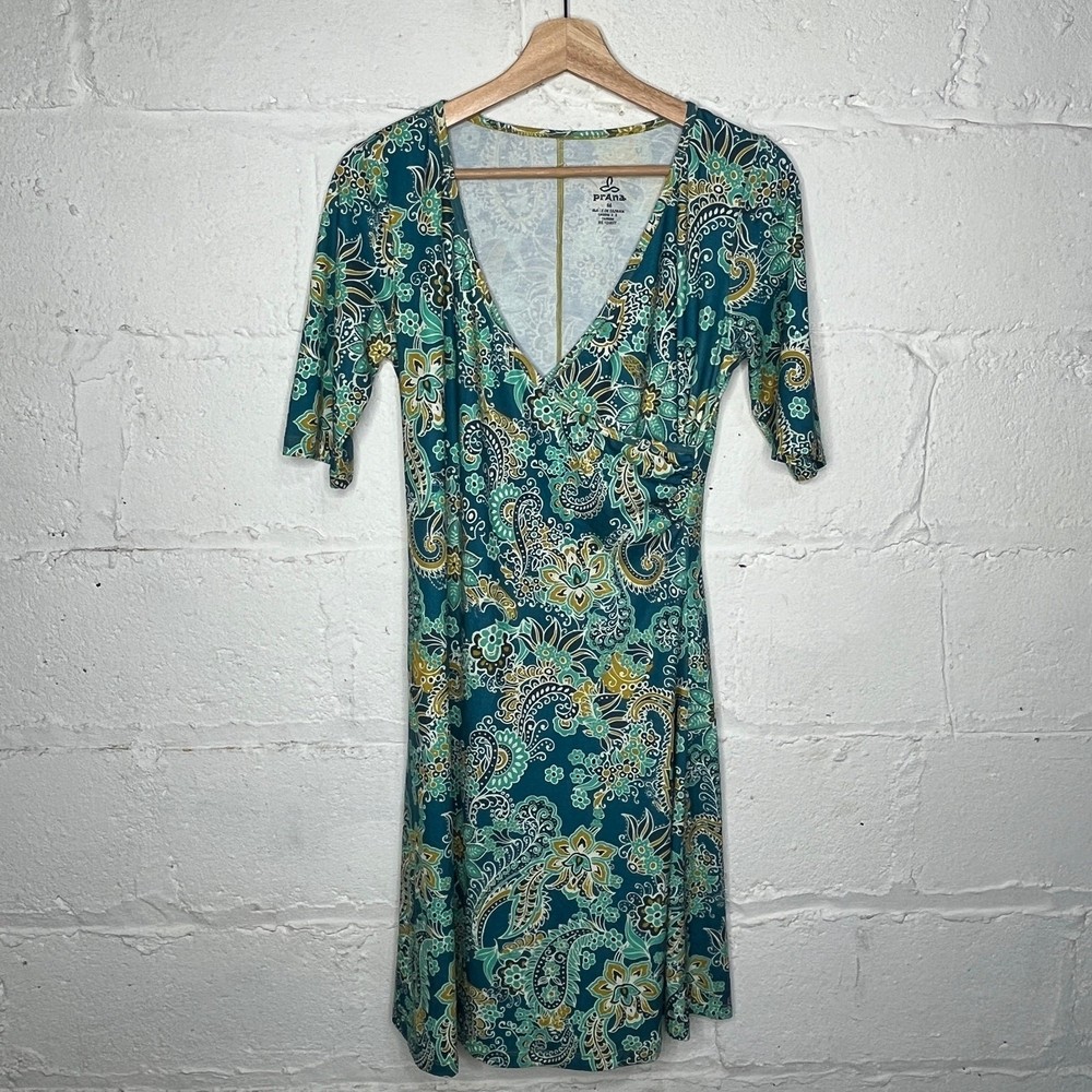 Prana Women's Teal Paisley Floral Wrap Surplice Short Sleeve Dress Size Medium