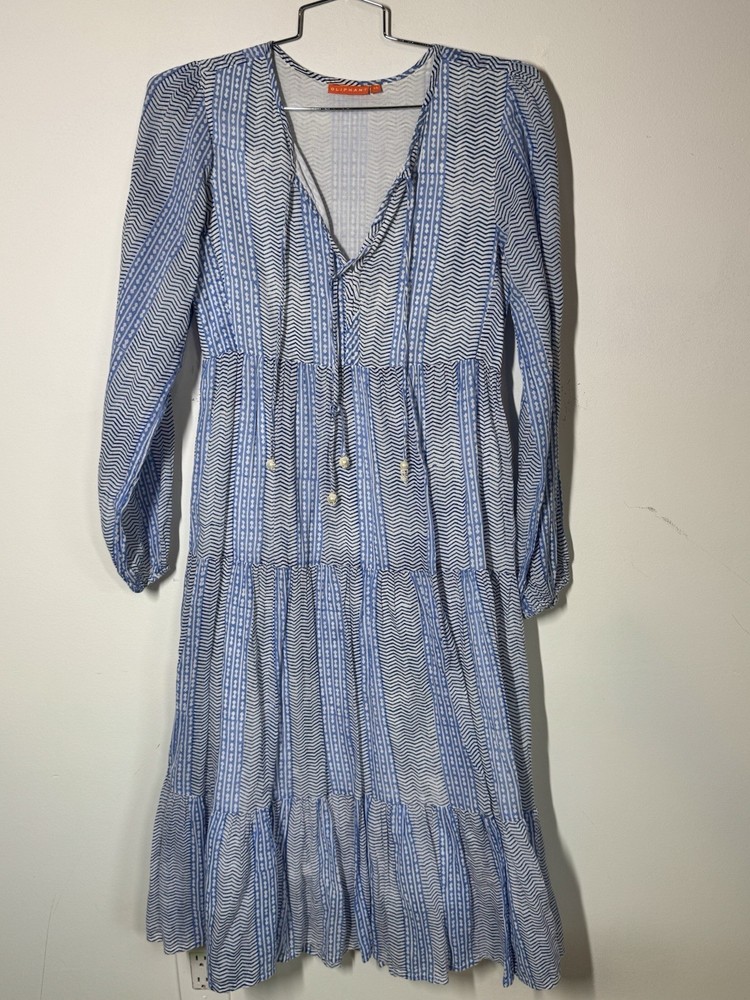 Oliphant Women’s Tiered Maxi Dress Blue White Stripes Tassels Size XS Lined Boho