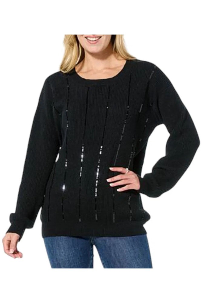 Nina Leonard Women's Sequin-Accented Ribbed Knit Sweater Tunic Black